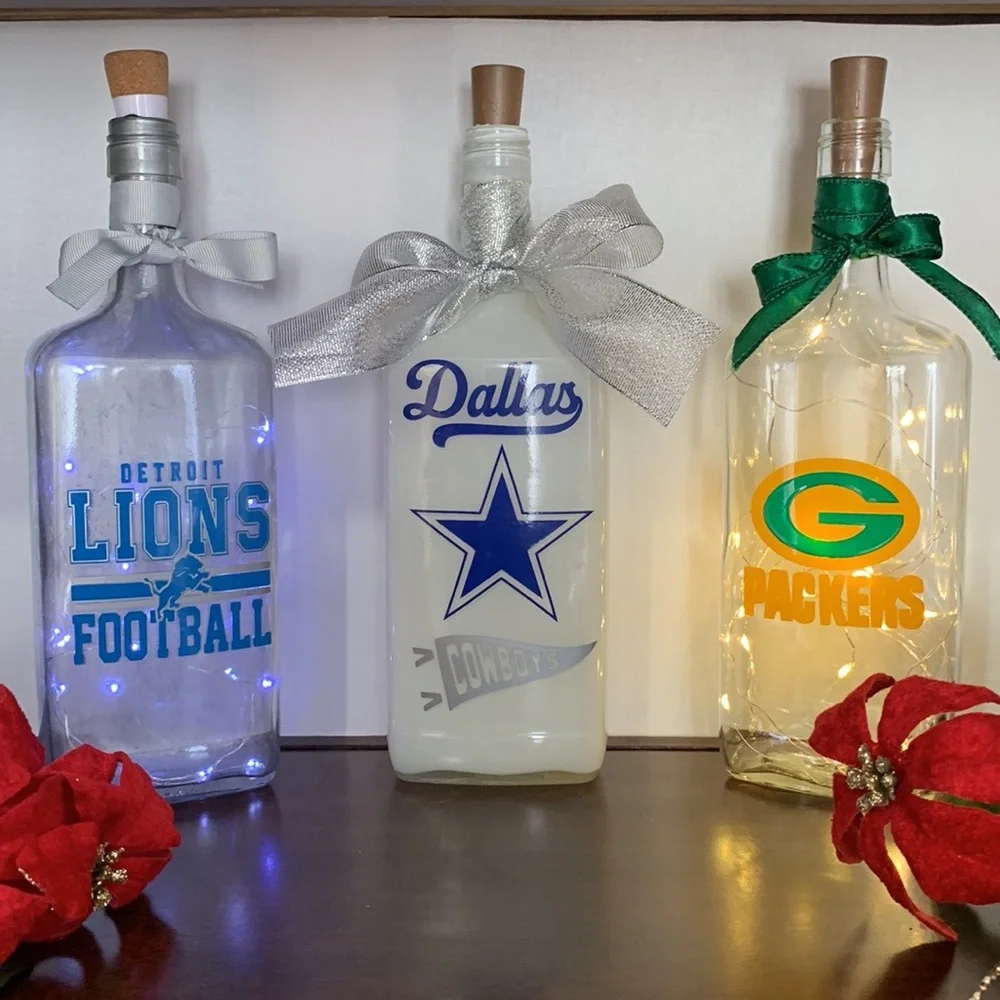 Hand Crafted, Upcycled Detroit Lions Spirit Bottle Lantern